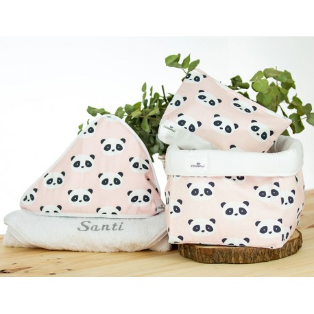 capa baño personalizada, neceser y cesto pack regalo personalizado panda rosa